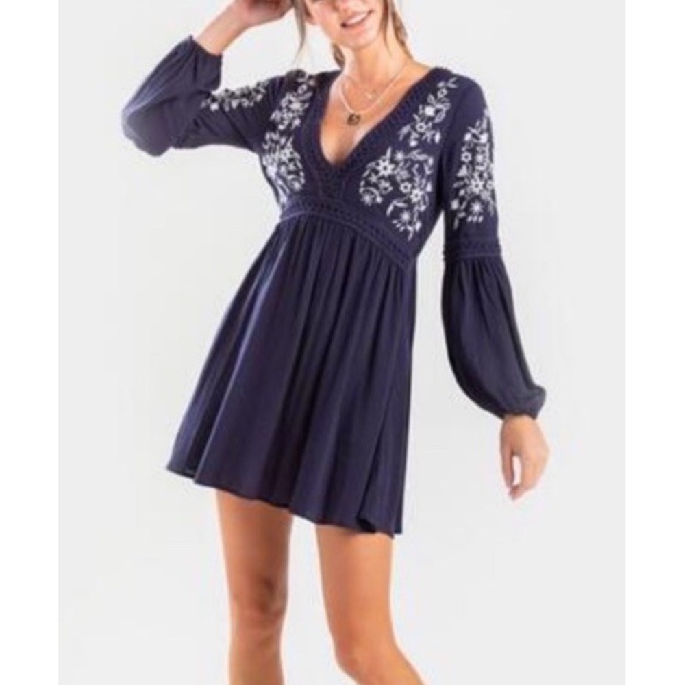 BLUE RAIN Womens V-Neck Long Sleeve Boho Floral Navy Blue Mini Dress Large